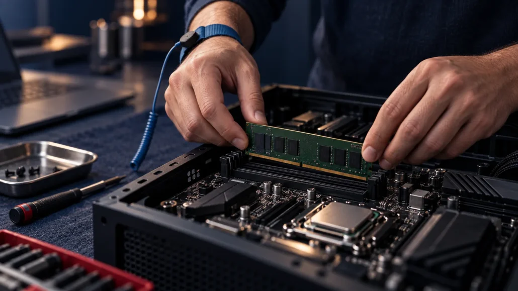 Intervento tecnico sui componenti di un computer, su un banco di lavoro attrezzato.