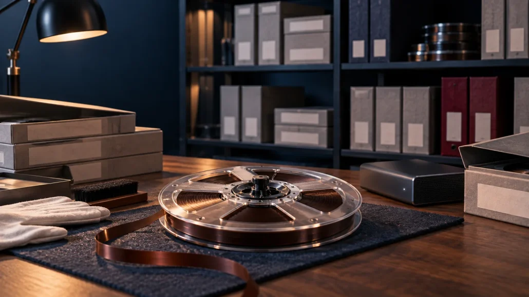 Bobina di nastro magnetico accanto a contenitori per la conservazione di un archivio sonoro.