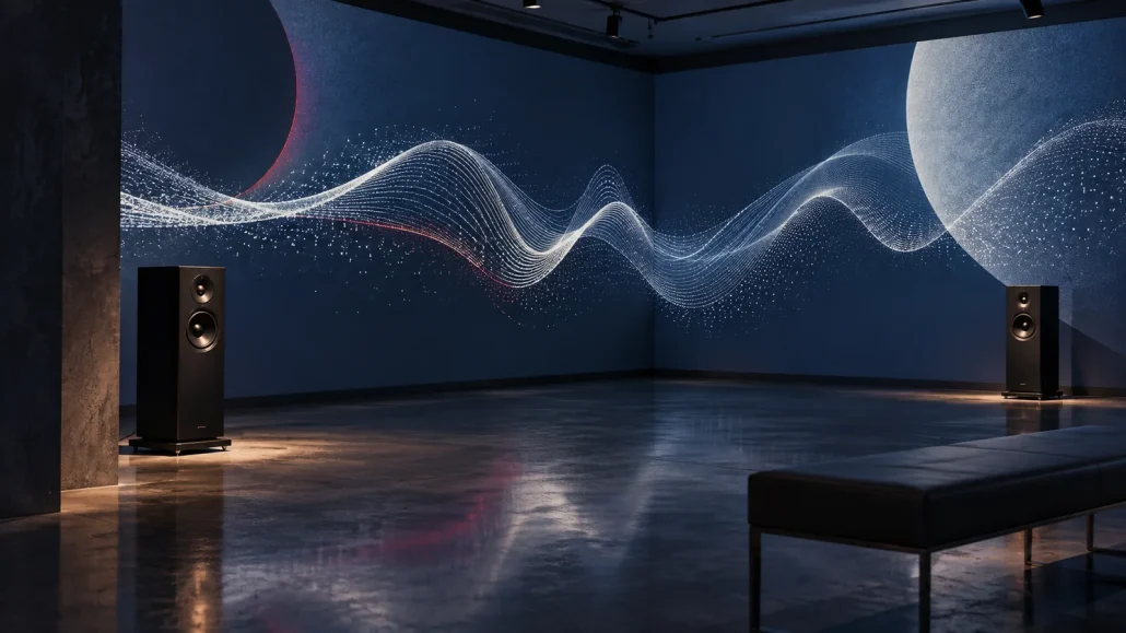 Ambiente espositivo con proiezioni astratte e diffusori audio per un’installazione multimediale.