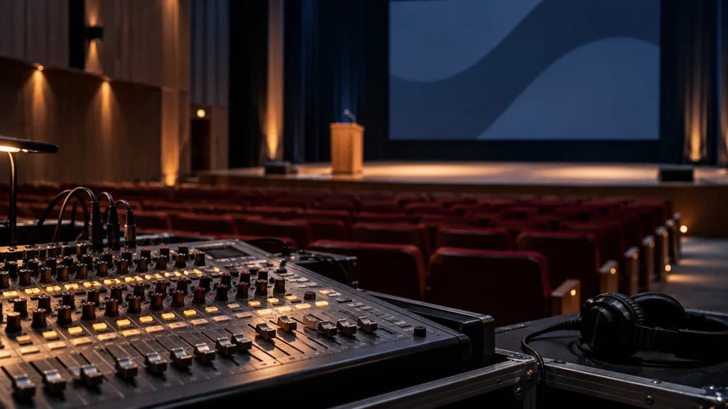 Regia audio in primo piano e sala pronta per un evento culturale.